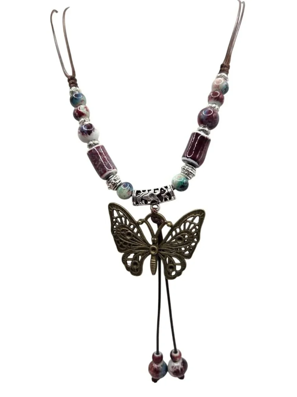 Butterfly Pendant Necklace With Ceramic Beads & Adjustable Cord